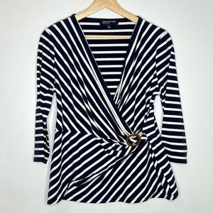 Jones New York Navy striped v-neck wrap top L